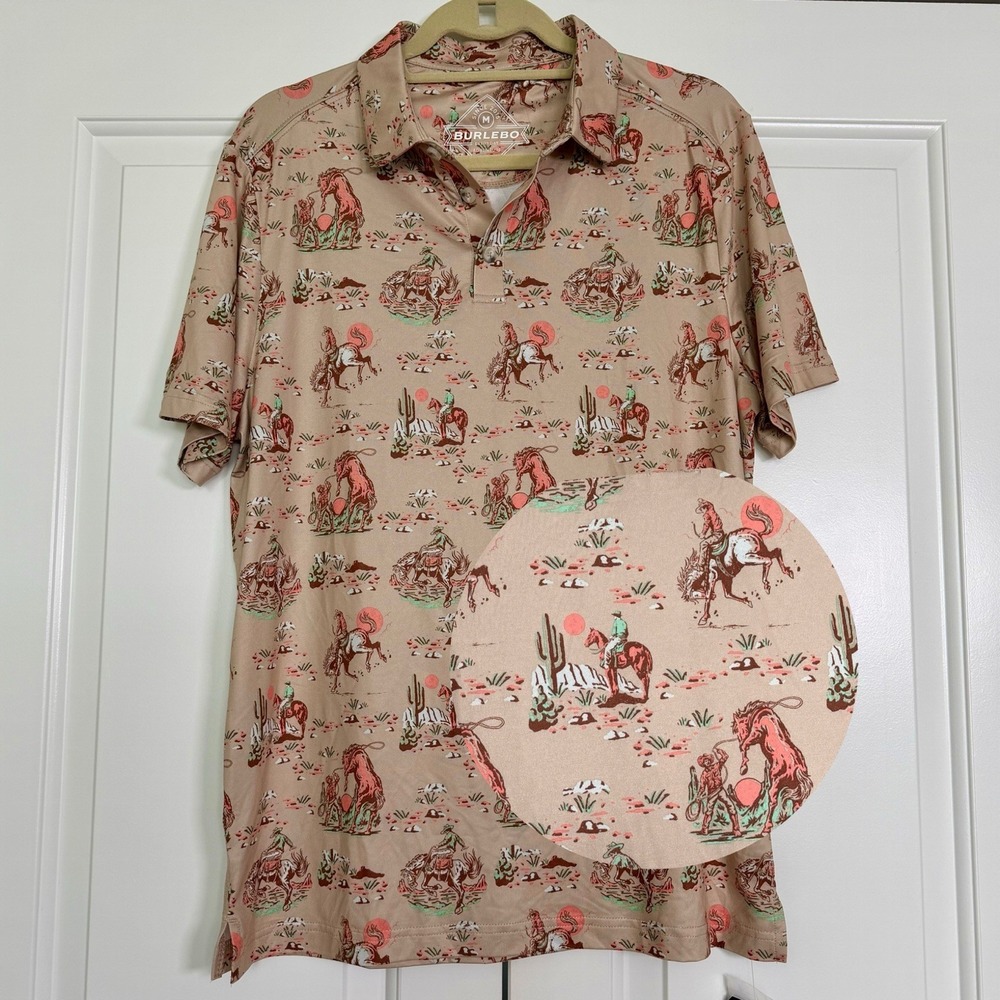 NWT Burlebo Performance Polo Shirt Cowboy Up Allover Print Golf Sz Medium Preppy